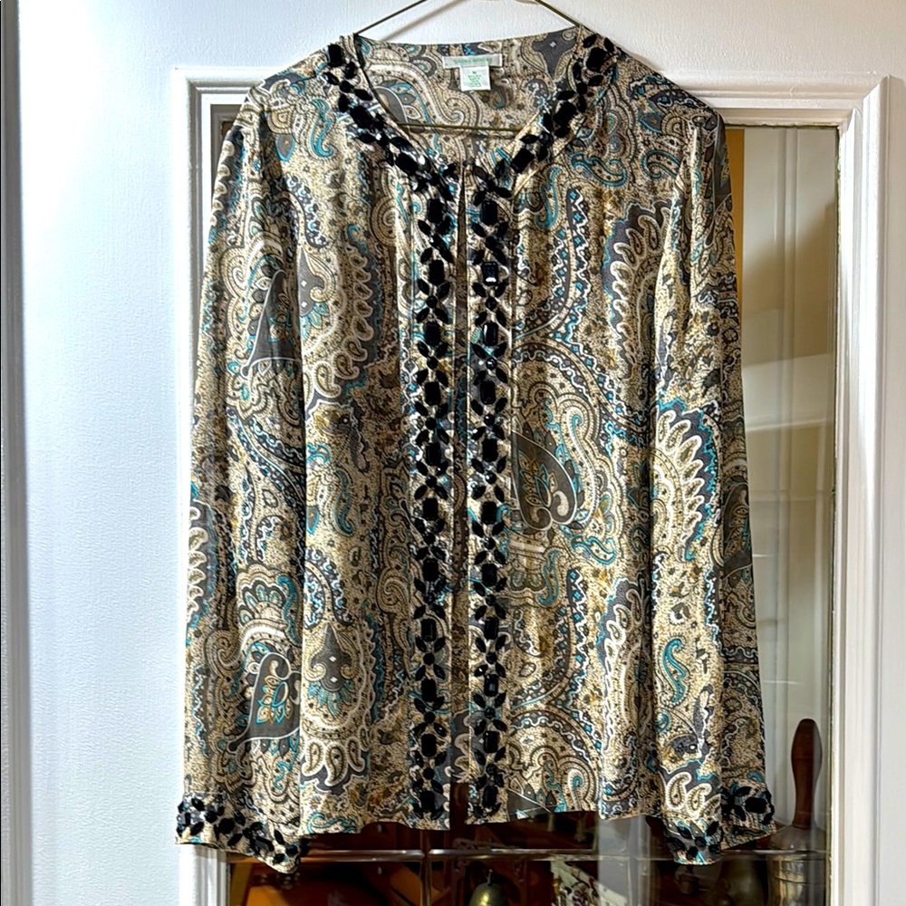 Laura Ashley silk open front blouse like jacket with paisley print black gems